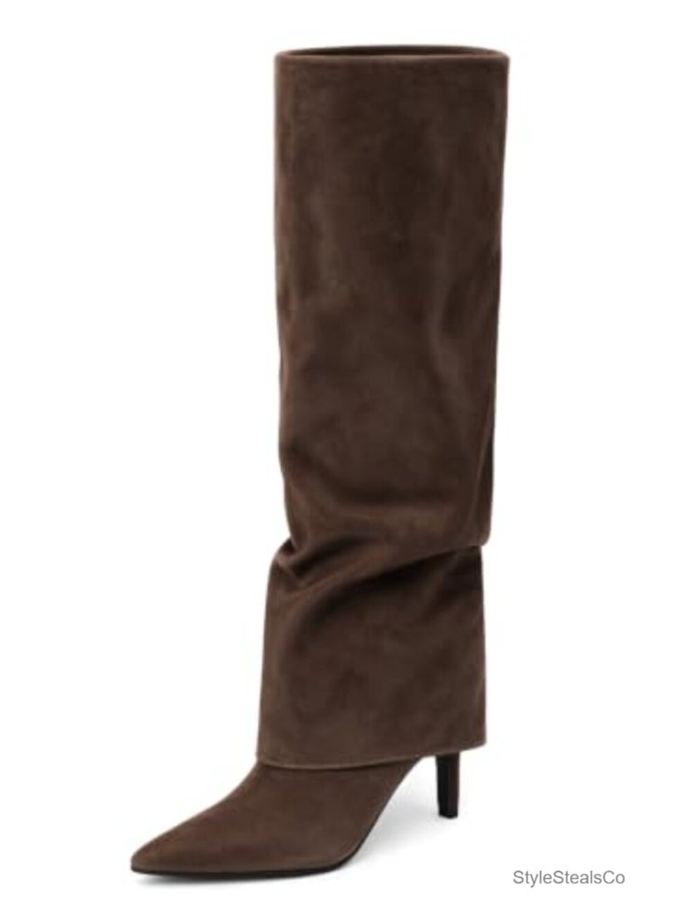 Coutgo Women's Slouchy Knee High Boots Pointed Toe Kitten Heel Zipper Faux Suede